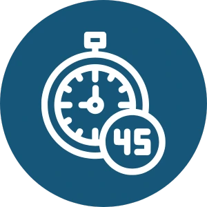 A stopwatch portrays the time of 45 Minutes, indicating a timed event for an In-Person consultation and assessment.