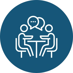 A white icon shows two people at a table, indicating a friendly gathering or discussion over a topic.