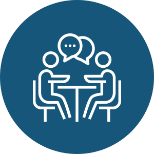 A white icon shows two people at a table, indicating a friendly gathering or discussion over a topic.